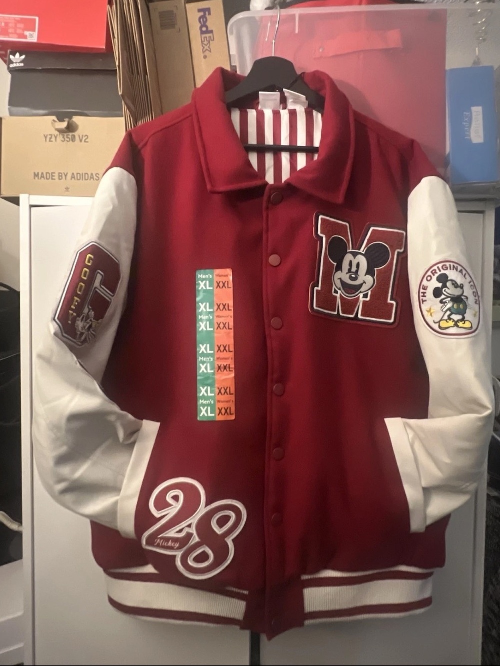 Red and White Varsity Bomber Jacket with Mickey Logo Size Men XLarge/Women XXLar
